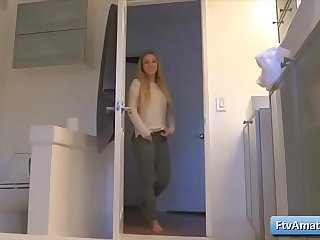 Busty blonde teen Zoey fuck her pussy with blue dildo toy in bathroom